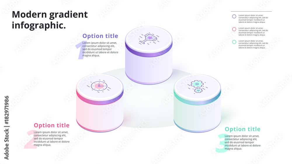 Wall mural business 3 step process chart infographics with 3d columns. circle corporate graphic elements. infog