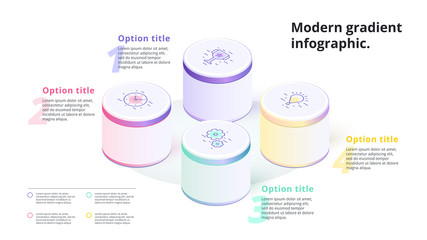 Business 4 step process chart infographics with 3d columns. Circle corporate graphic elements. Infograph presentation slide template. Modern vector process info graphic layout design.
