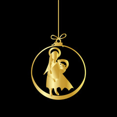 Flat Christmas Ball with Bow, Maria and  Baby Jesus Christ. Vector Gold Bauble with gold Mother Maria and Baby Jesus Figure decorative xmas ornament. Illustration isolated on black background. 
