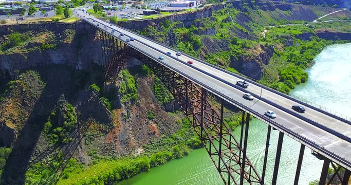 Perrine Bridge, Twin Falls, Idaho - Drone Aerial Approaching View Over River  Canyon With Cars Driving On Road