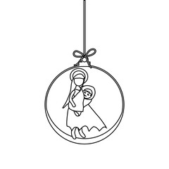 Flat Christmas Ball with Bow, Maria and  Baby Jesus Christ. Vector Outline  Bauble with Mother Maria and Baby Jesus Figure decorative xmas ornament. Illustration isolated on white background. 