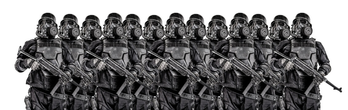 Line of futuristic  soldiers in gas mask and steel helmet with schmeisser handgun isolated on white studio shot half length portrait