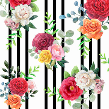 Fototapeta Pattern with watercolor flowers and black stripes. Orange,red, yellow roses,white and pink peonies,leaves with black stripes on white.Floral compositions in trend style for textile,wallpaper,wrapping.