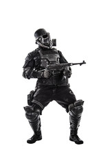 Futuristic nazi soldier gas mask and steel helmet with schmeisser handgun isolated on white studio...