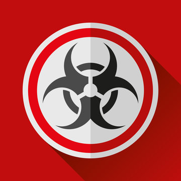 Biohazard sign icon in flat style on red background, danger toxic emblem, vector design illustration for you project