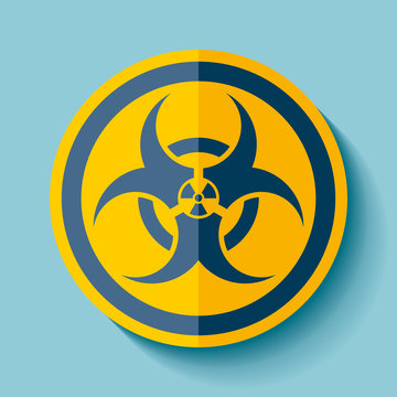 Biohazard sign icon in flat style on blue background, denger toxic and radiation emblem, vector design illustration for you project