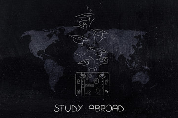 study abroad luggage with graduation hats flying out over world map