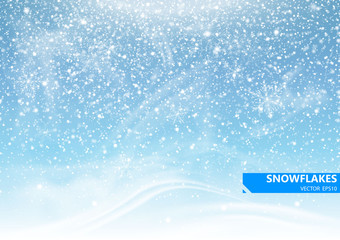 Falling snow on a blue background. Snowstorm and snowflakes. Background for winter holidays. Vector Illustration