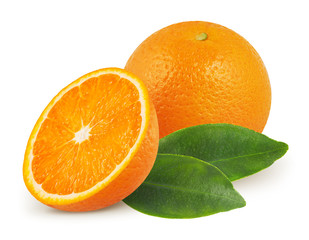 Orange with leaves isolated on white background