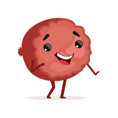 Comic piece of ham with happy face. Funny cartoon character. Delicious and fresh meat product. Design for sticker, menu, butcher store flyer. Isolated flat vector illustration