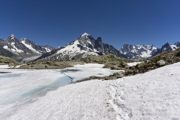 Frozen Lac Blanc lake on the background of Mont Blanc massif.