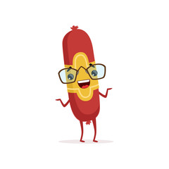 Cheerful sausage stick character with brand label and glasses. Delicious meat product. Funny vector design for sticker, food market or butcher shop flyer.