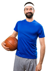 Obraz premium Happy Funny sportsman with ball of basketball on isolated white background