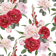 Floral seamless pattern with hand drawn watercolor roses, white peonies and gladiolus flowers - 182978118