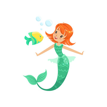 Smiling mermaid swimming underwater with little fish. Fairytale red-haired marine princess with tail. Isolated flat vector illustration