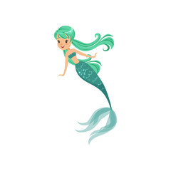 Cartoon mermaid girl character in flat style. Beautiful sea princess with long turquoise hair and shiny tail. Underwater life concept. Isolated vector illustration
