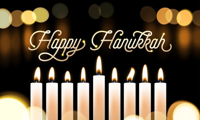 Happy Hanukkah candle lights bokeh and golden calligraphy text for Jewish holiday greeting card design. Vector Chanukah or Hanukah holy lights festival background of candle blur flame - obrazy, fototapety, plakaty