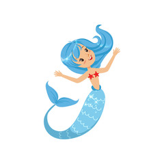 Beautiful little mermaid from underwater world. Cartoon mythical girl with blue hair and fish tail. Sea and ocean theme. Flat vector illustration