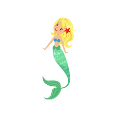 Blond mermaid girl with long fish tail and shell bra. Cartoon mythical creature from underwater world. Marine life. Colorful flat vector illustration
