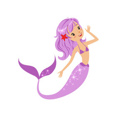 Colorful mermaid character with purple hair and long fish tail. Happy mythical girl swimming underwater. Sea and ocean concept. Isolated flat vector.