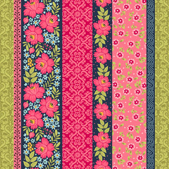 Seamless pattern with decorative flowers, patchwork tiles. Can be used on packaging paper, fabric, background for different images, etc. Freehand drawing