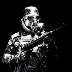 Futuristic nazi soldier gas mask and steel helmet with schmeisser handgun black background studio...