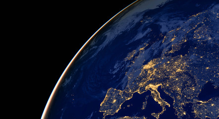 Europe City lights on world map. Europe. Elements of this image are furnished by NASA