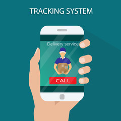 Package tracking. Order tracking app concept. Hand holding mobile smart phone with app delivery tracking. Vector