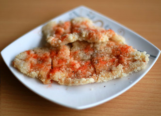 Shihlin crispy chicken with wood background. One of the original hawker which is very famous in Shihlin area, Taiwan.
