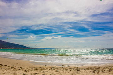 Kitesurfing. Summer landscape. Punta Paloma beach, Tarifa, Spain. Picture taken – 1 october 2017.