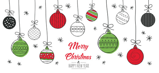 Merry Christmas greeting card red and green with modern baubles. Vector illustration. - obrazy, fototapety, plakaty