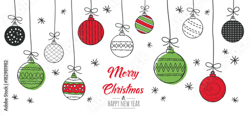 Merry Christmas greeting card red and green with modern baubles. Vector illustration.