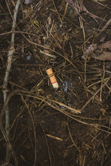 Cigarette butts on the ground, Cigarette butts on the floor, No smoking.