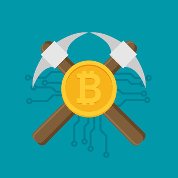 Bitcoin mining concept with pickaxe and coin flat vector
