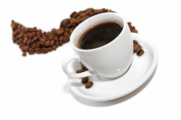 Coffee cup with coffee beans isolated on white