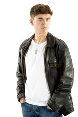 Fototapeta premium 18 year old wearing a leather jacket and jeans