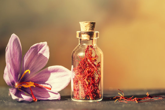 Dried saffron spice and Saffron flower