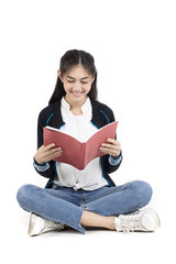 Fototapeta premium Portrait of Beautiful Young Asian Woman student holding book with attractive smiling isolated on white, Woman with Education Concept.