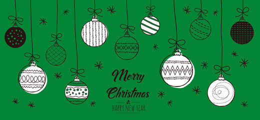 Merry Christmas greeting card green with modern baubles. Vector illustration.