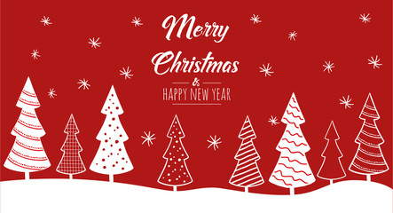 Merry Christmas greeting card red with modern Christmas trees. Vector illustration.
