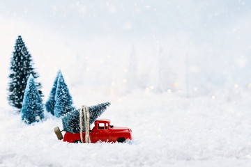 1950's antique vintage red truck hauling a candy canes home through a snowy winter wonder land with pine trees in background. Extreme shallow depth of field with selective focus on vehicle.