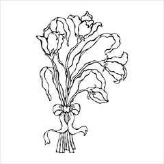 Lilies bouquet with a bow- vector illustration. Page for coloring