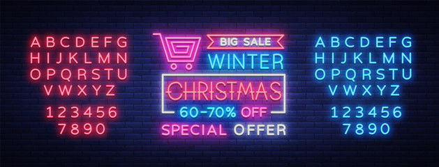 Christmas festive sale of a poster in a neon style. Vector discount card, neon sign, bright banner, luminous sign, night advertising, Xmas discount sale. Editing text neon sign. Neon alphabet