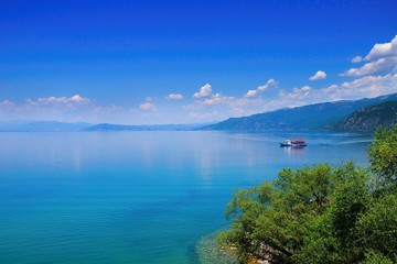 Boat sailing on the Ohrid lake, Albania