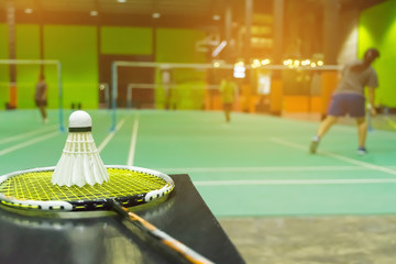 badminton courts with shuttlecocks in the foreground