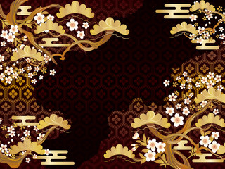 松と花の和柄背景素材