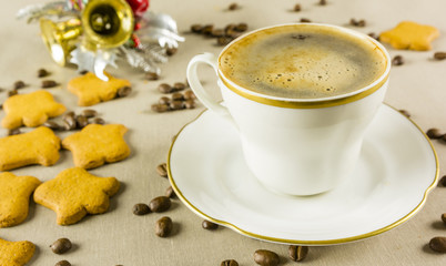 Black coffee in a white cup to celebrate Christmas.