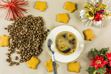 Christmas, coffee in white cup.