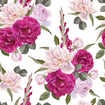 Floral seamless pattern with hand drawn watercolor roses, white peonies and gladiolus flowers