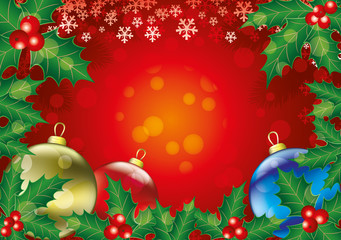Christmas background with holly leaves and balls.